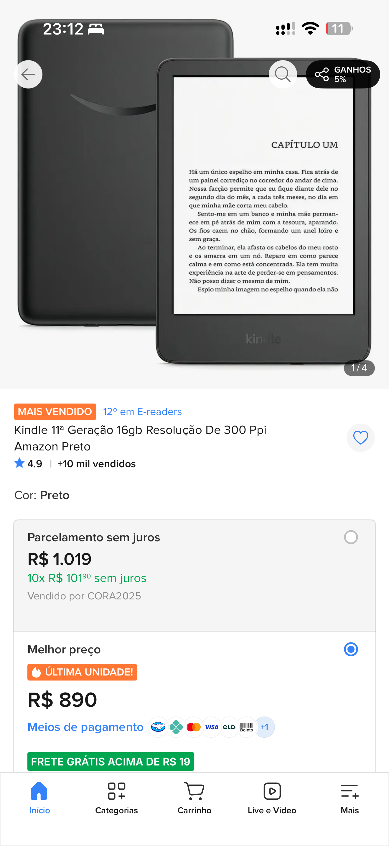 Detalhe do Kindle preto mostrado no anúncio