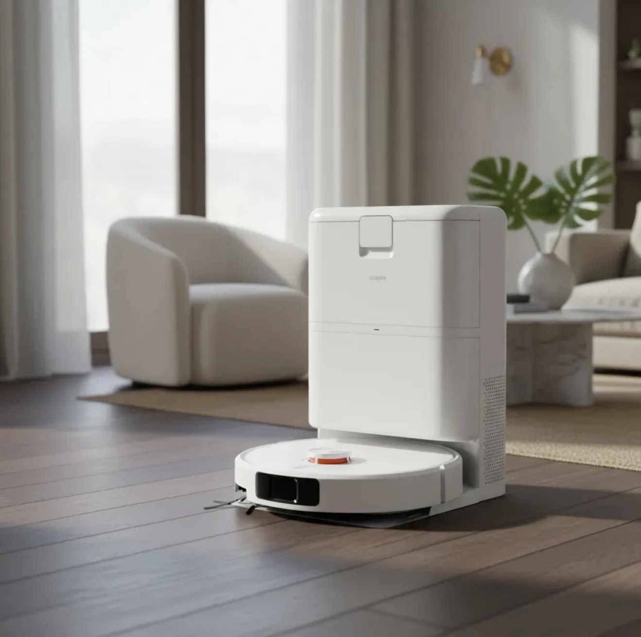 Robô aspirador Xiaomi branco junto à estação, em uma sala